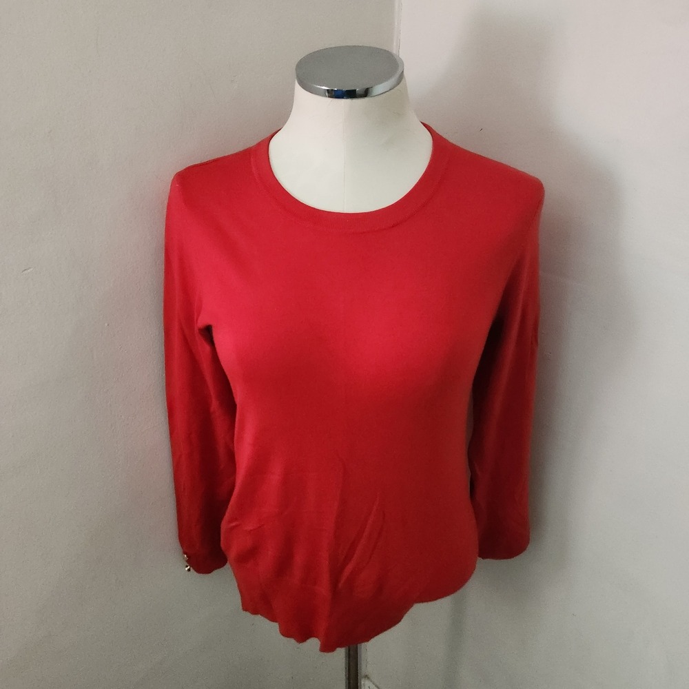 Ann Taylor Factory Red Crew Neck Sweater Long Sleeve Gold Button Cuff‎ Womens XS
